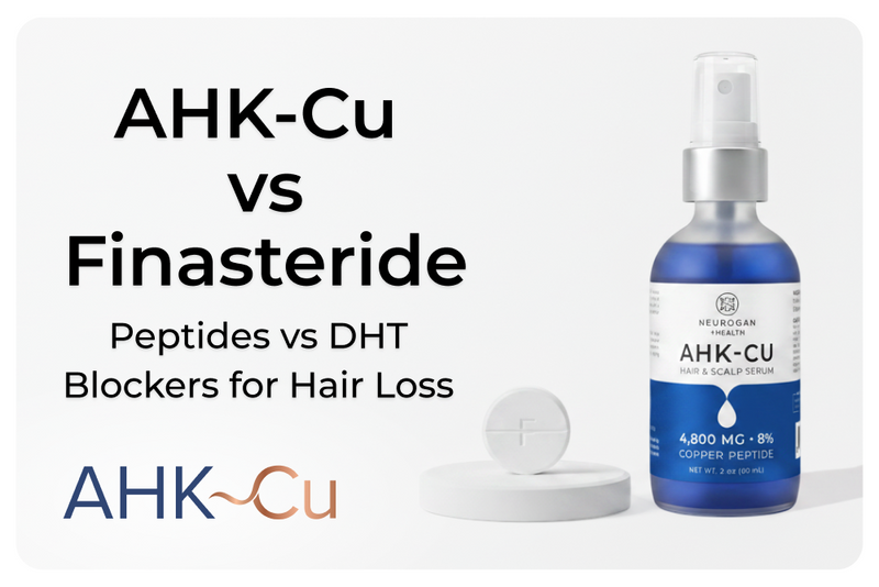 Graphic titled ‘AHK-Cu vs Finasteride: Peptides vs DHT Blockers for Hair Loss’ featuring an AHK-Cu hair and scalp serum bottle and the AHK-Cu logo.