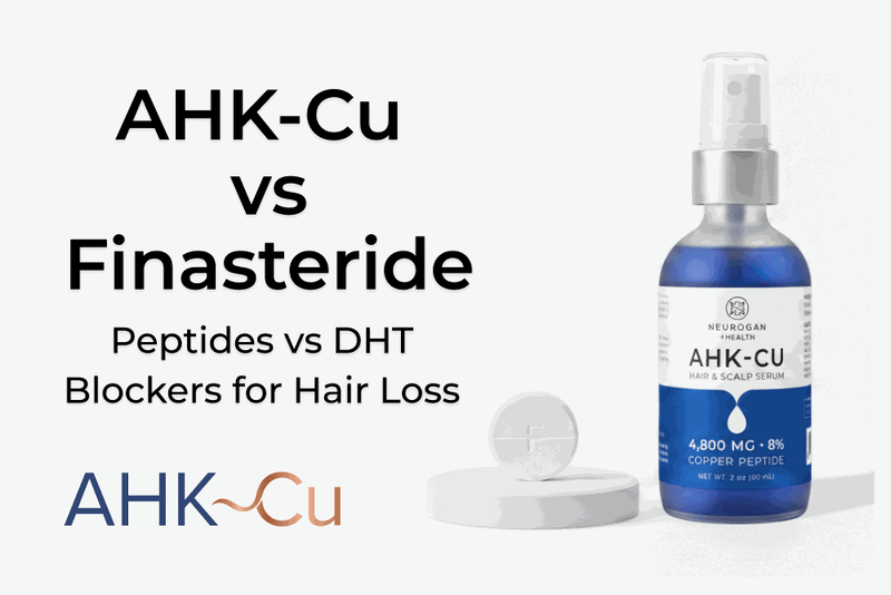 Graphic titled ‘AHK-Cu vs Finasteride: Peptides vs DHT Blockers for Hair Loss’ featuring an AHK-Cu hair and scalp serum bottle and the AHK-Cu logo.