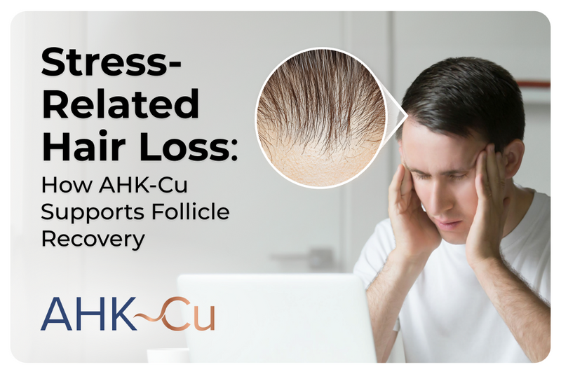 Graphic titled “Stress-Related Hair Loss: How AHK-Cu Supports Follicle Recovery” showing a stressed person at a laptop with hands on their temples, an inset close-up of thinning hair, and the AHK~Cu logo at the bottom.