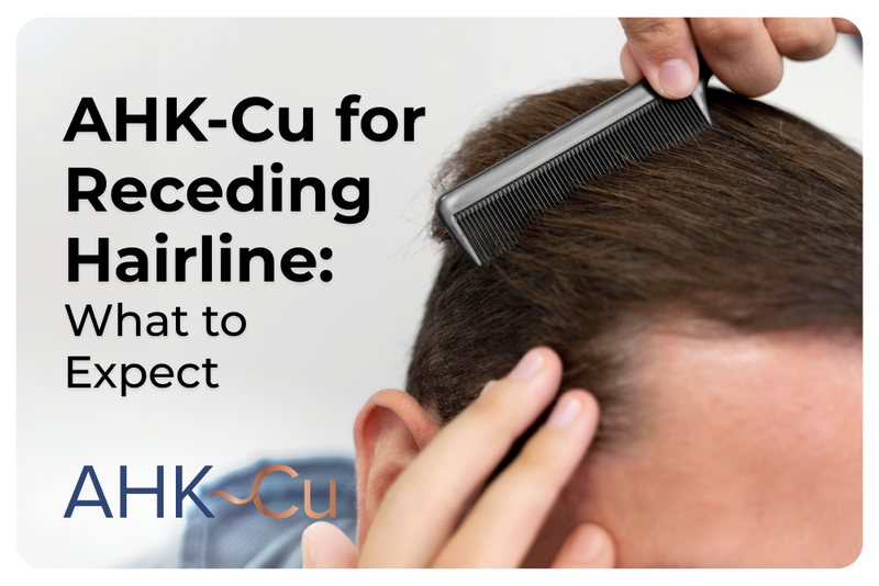 Graphic titled “AHK-Cu for Receding Hairline: What to Expect” showing a person examining a receding hairline while combing their hair, with the AHK~Cu logo at the bottom.