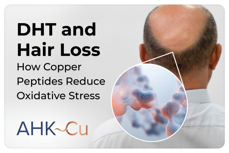 Graphic titled “DHT and Hair Loss: How Copper Peptides Reduce Oxidative Stress” showing the back of a person’s head with significant hair loss, a magnified molecular illustration, and the AHK~Cu logo at the bottom.