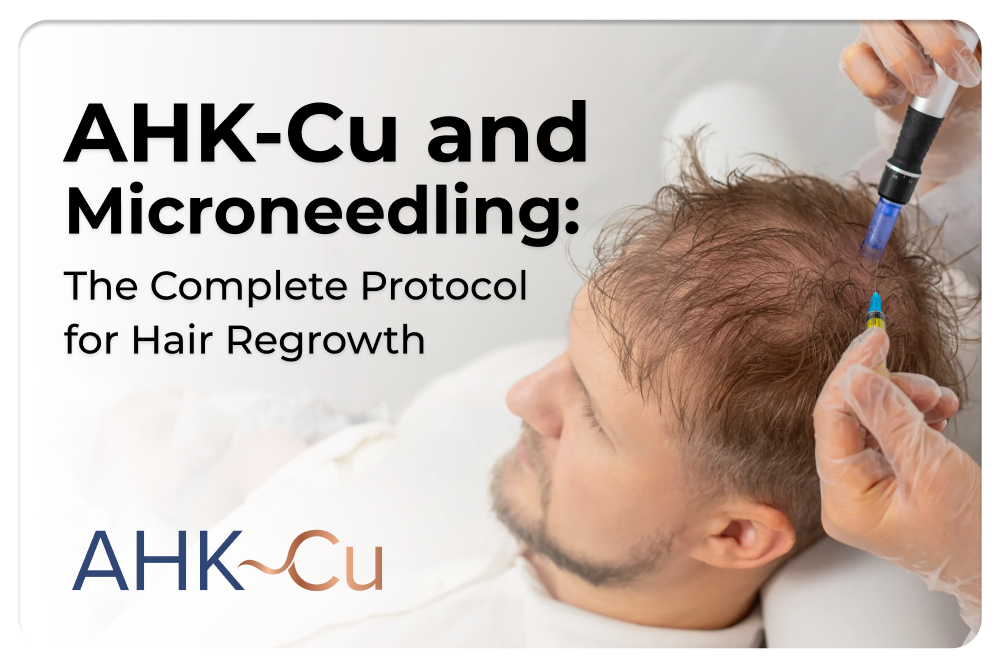 Graphic titled “AHK-Cu and Microneedling: The Complete Protocol for Hair Regrowth” showing a person receiving a microneedling treatment on the scalp for hair restoration, with the AHK~Cu logo at the bottom.