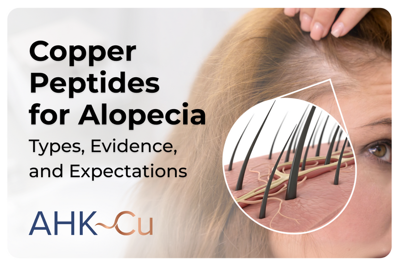 Graphic titled “Copper Peptides for Alopecia: Types, Evidence, and Expectations” showing a person with visible hair thinning at the hairline, a magnified illustration of hair follicles, and the AHK~Cu logo at the bottom.