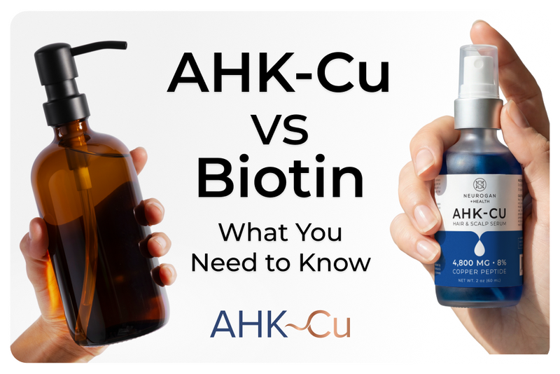 Graphic titled “AHK-Cu vs Biotin: What You Need to Know” showing two hands holding different hair-care product bottles for comparison, including an AHK-CU hair and scalp serum bottle, with the AHK~Cu logo at the bottom.