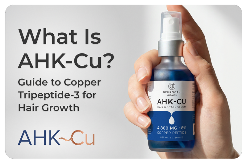 Graphic titled “What Is AHK-Cu? Guide to Copper Tripeptide-3 for Hair Growth” featuring a hand holding an AHK-Cu hair and scalp serum bottle.