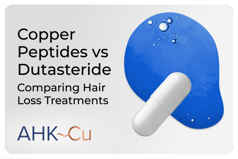 Graphic comparing copper peptides and dutasteride for hair loss treatment, featuring a white capsule on a blue liquid background.