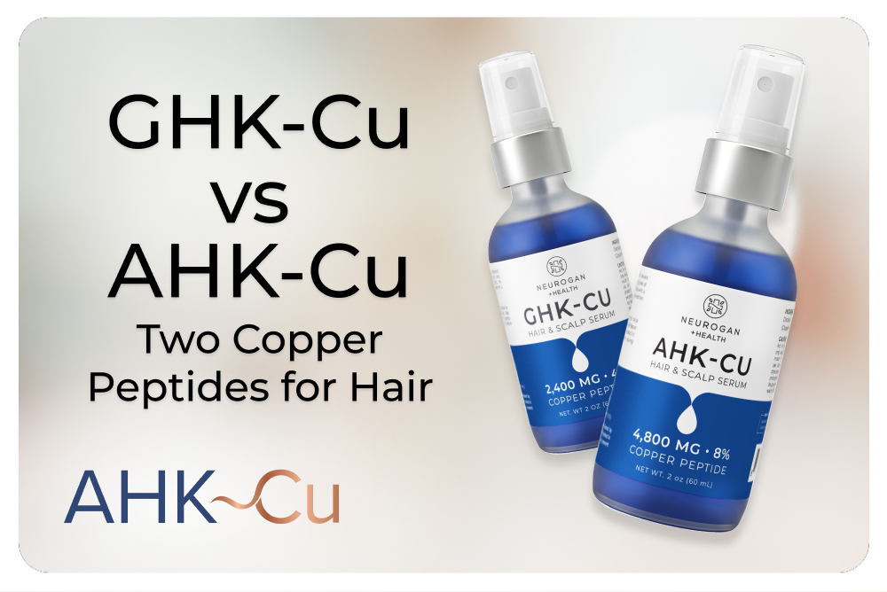 Graphic comparing GHK-Cu and AHK-Cu copper peptide hair serums, featuring two blue spray bottles.