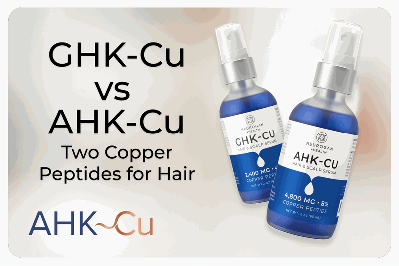 Graphic comparing GHK-Cu and AHK-Cu copper peptide hair serums, featuring two blue spray bottles.