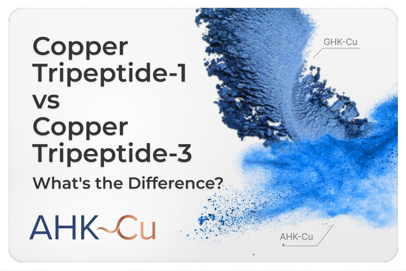 ‘Copper Tripeptide-1 vs Copper Tripeptide-3: What’s the Difference?’ featuring blue powder effects and the AHK-Cu logo in the bottom corner.