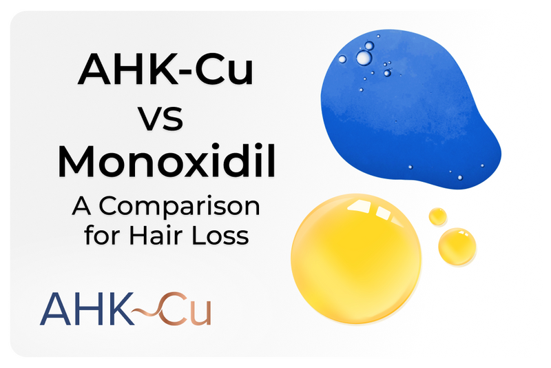 Graphic titled ‘AHK-Cu vs Monoxidil: A Comparison for Hair Loss’ with blue and gold liquid droplet illustrations and the AHK-Cu logo