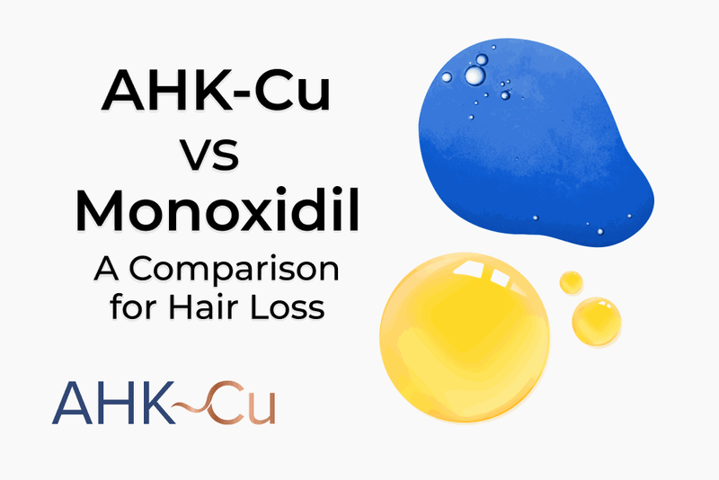 Graphic titled ‘AHK-Cu vs Monoxidil: A Comparison for Hair Loss’ with blue and gold liquid droplet illustrations and the AHK-Cu logo